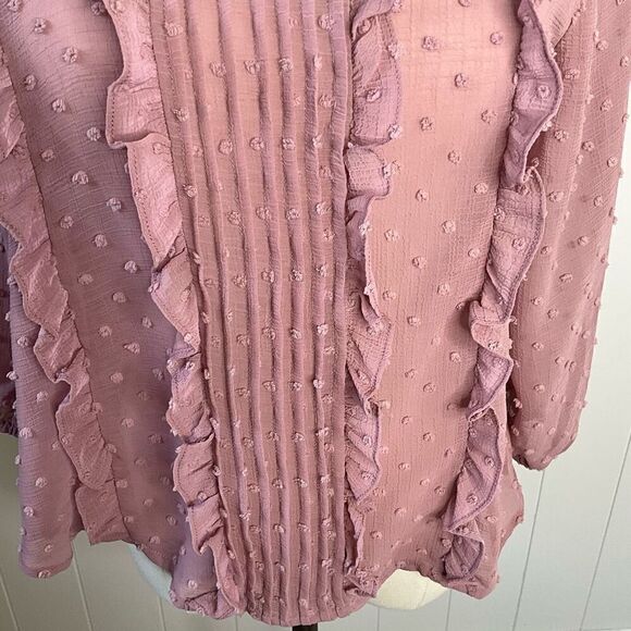 EM Womens Size Small Pullover Blouse Pink Dots Textured Ruffles Long Sleeves - Picture 4 of 14